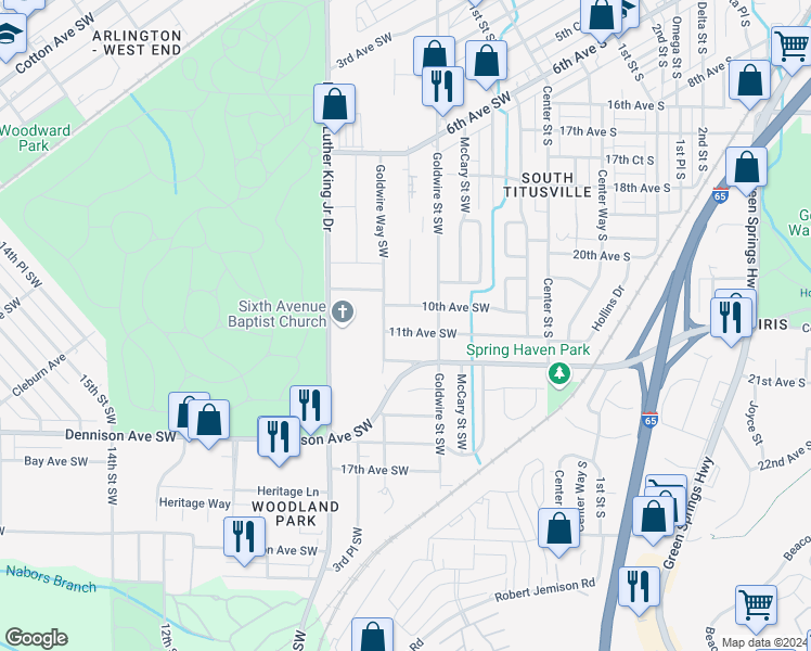 map of restaurants, bars, coffee shops, grocery stores, and more near 228 11th Avenue Southwest in Birmingham