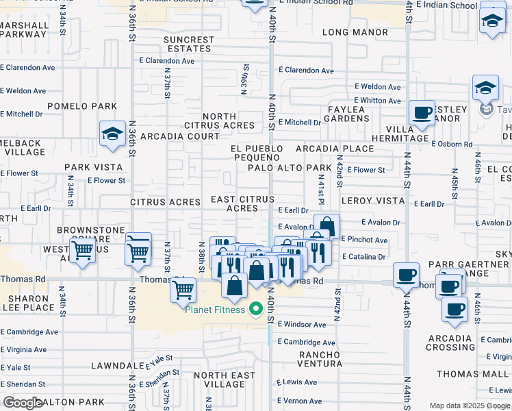 map of restaurants, bars, coffee shops, grocery stores, and more near 3110 North 40th Street in Phoenix