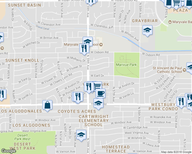 map of restaurants, bars, coffee shops, grocery stores, and more near 5825 West Earll Drive in Phoenix