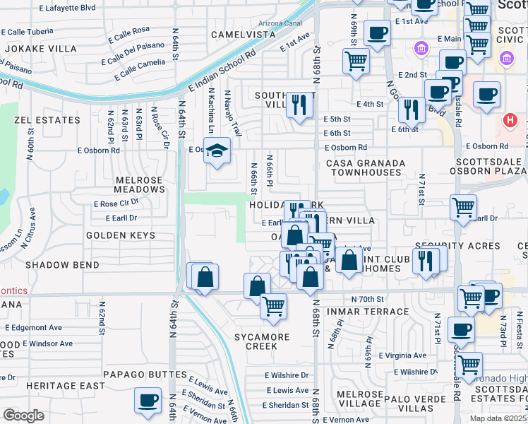 map of restaurants, bars, coffee shops, grocery stores, and more near 6625 East Cheery Lynn Road in Scottsdale