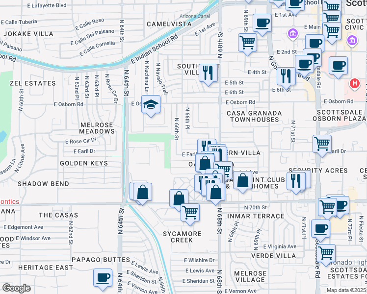 map of restaurants, bars, coffee shops, grocery stores, and more near 6631 East Cheery Lynn Road in Scottsdale