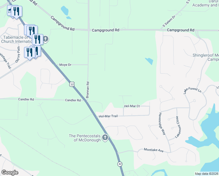 map of restaurants, bars, coffee shops, grocery stores, and more near 30 Brannan Road in McDonough