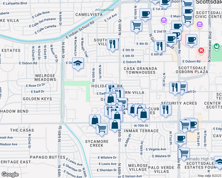 map of restaurants, bars, coffee shops, grocery stores, and more near 3132 North 67th Place in Scottsdale