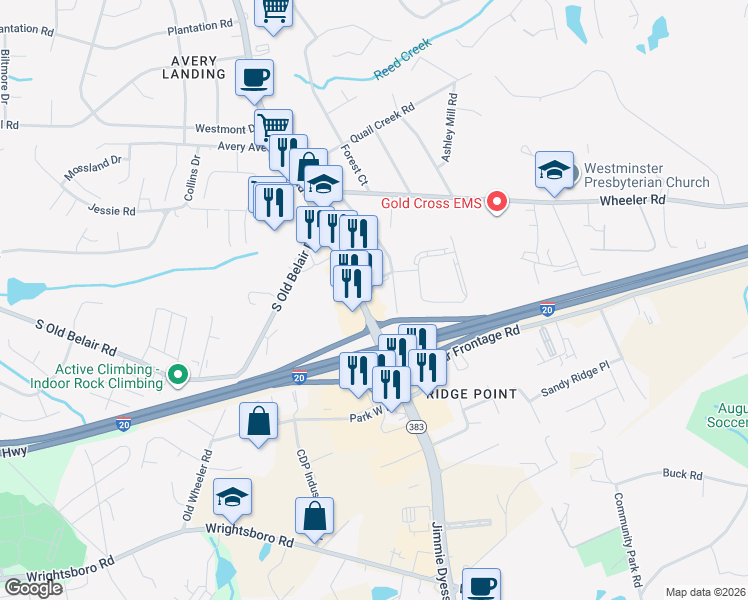map of restaurants, bars, coffee shops, grocery stores, and more near 431 South Belair Road in Augusta