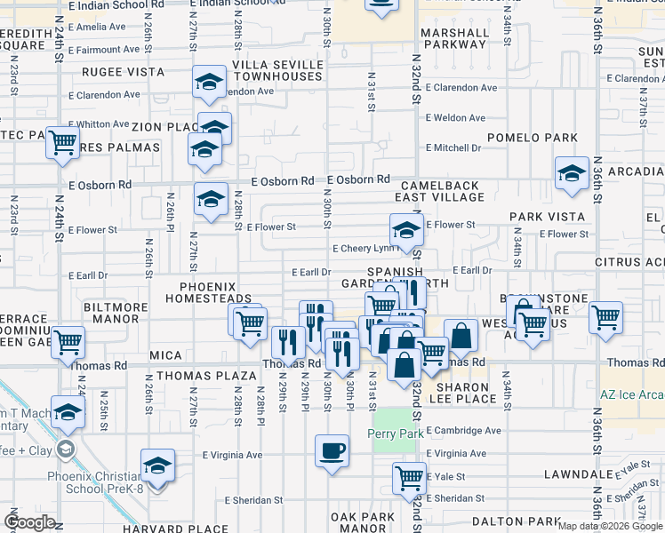 map of restaurants, bars, coffee shops, grocery stores, and more near 3002 East Earll Drive in Phoenix