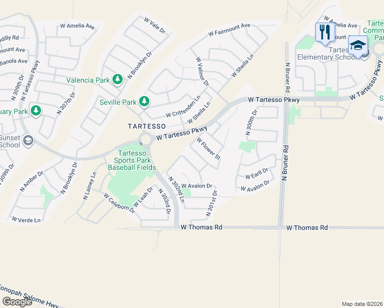 map of restaurants, bars, coffee shops, grocery stores, and more near 30241 West Cheery Lynn Road in Buckeye