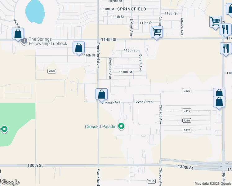 map of restaurants, bars, coffee shops, grocery stores, and more near 5710 122nd Street in Lubbock
