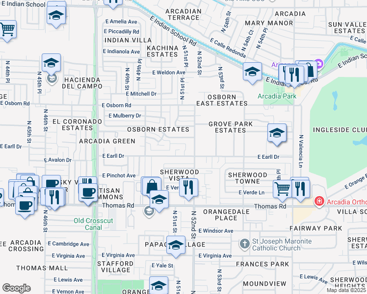 map of restaurants, bars, coffee shops, grocery stores, and more near 5114 East Cheery Lynn Road in Phoenix