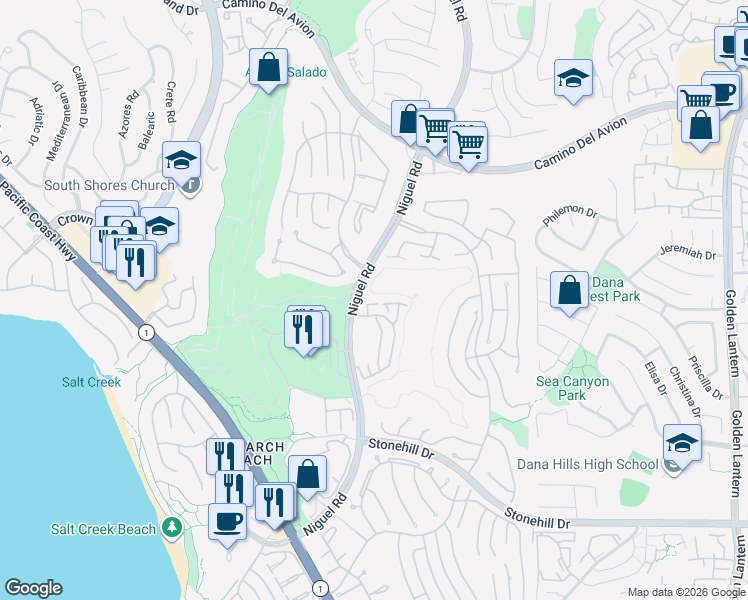 map of restaurants, bars, coffee shops, grocery stores, and more near 29 Wimbledon Court in Dana Point