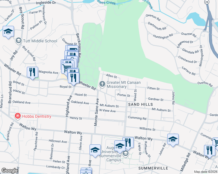 map of restaurants, bars, coffee shops, grocery stores, and more near 528 1st Avenue in Augusta