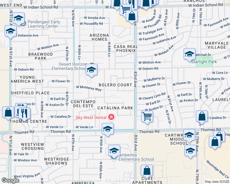 map of restaurants, bars, coffee shops, grocery stores, and more near 8429 West Monterey Way in Phoenix