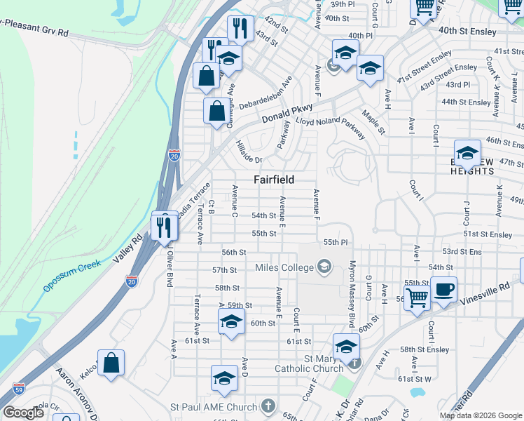 map of restaurants, bars, coffee shops, grocery stores, and more near 400 54th Street in Fairfield
