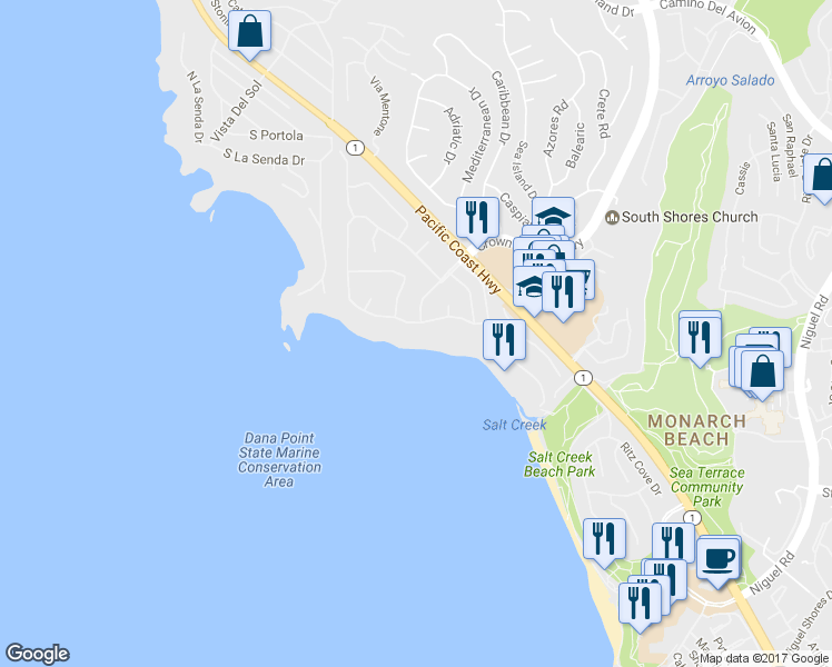 map of restaurants, bars, coffee shops, grocery stores, and more near 59 Monarch Bay Drive in Dana Point