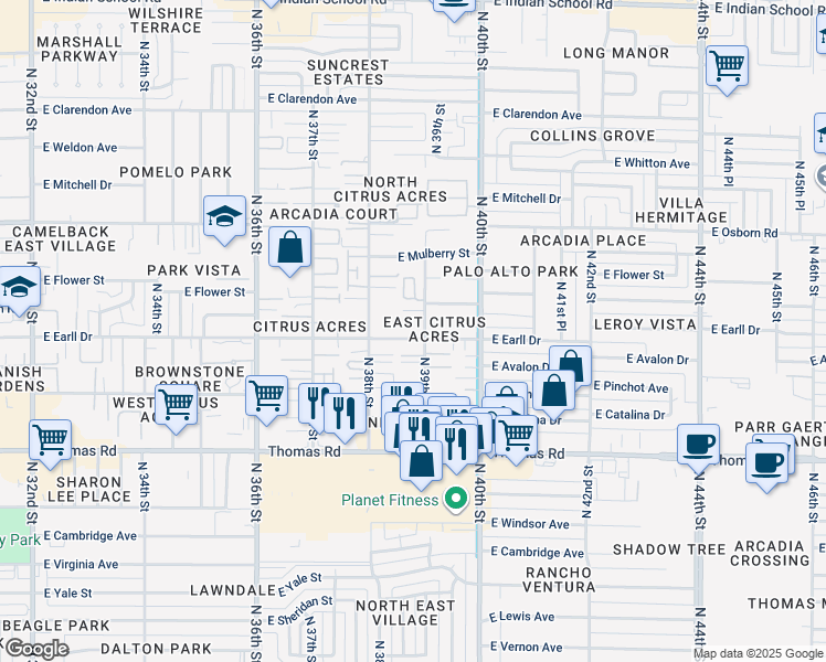 map of restaurants, bars, coffee shops, grocery stores, and more near 3838 East Earll Drive in Phoenix
