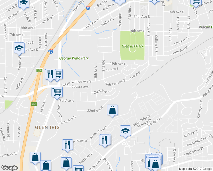 map of restaurants, bars, coffee shops, grocery stores, and more near 609 19th Terrace South in Birmingham