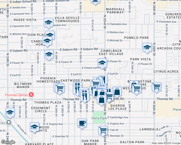 map of restaurants, bars, coffee shops, grocery stores, and more near 3070 East Earll Drive in Phoenix
