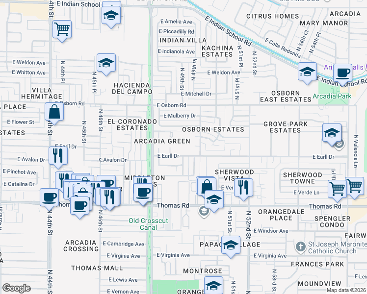 map of restaurants, bars, coffee shops, grocery stores, and more near 4910 East Earll Drive in Phoenix