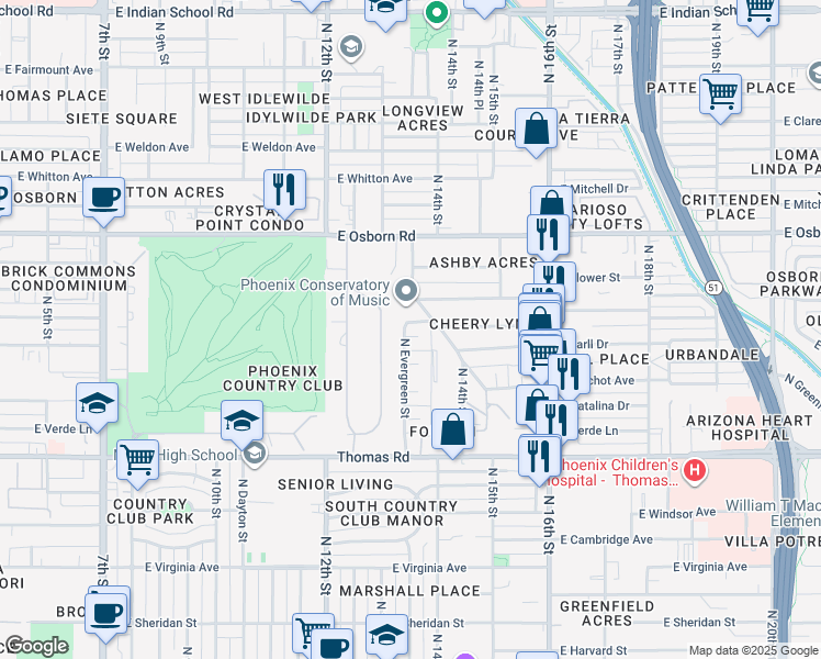 map of restaurants, bars, coffee shops, grocery stores, and more near 3053 North Evergreen Street in Phoenix