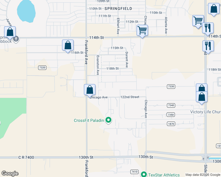 map of restaurants, bars, coffee shops, grocery stores, and more near 12008 Englewood Avenue in Lubbock