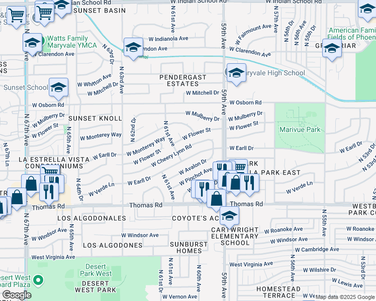 map of restaurants, bars, coffee shops, grocery stores, and more near 6037 West Cheery Lynn Road in Phoenix
