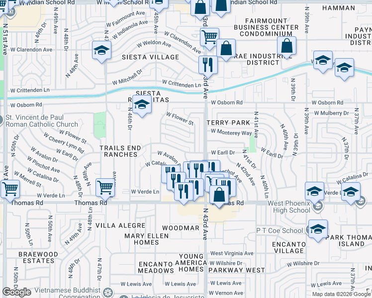 map of restaurants, bars, coffee shops, grocery stores, and more near 4402 West Earll Drive in Phoenix
