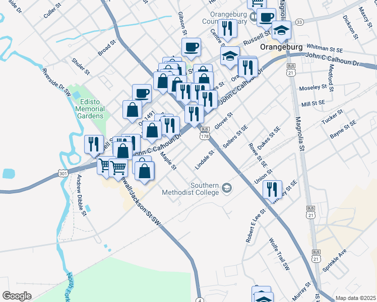 map of restaurants, bars, coffee shops, grocery stores, and more near 997 Glover Street in Orangeburg