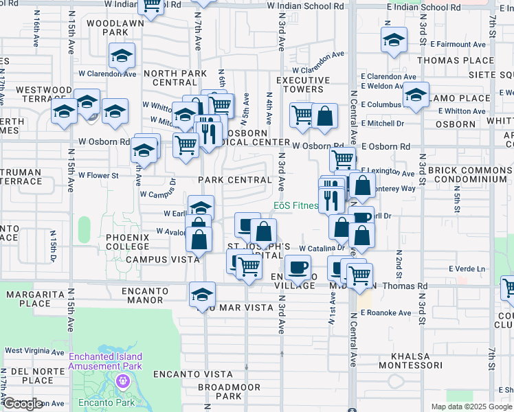 map of restaurants, bars, coffee shops, grocery stores, and more near 320 West Earll Drive in Phoenix