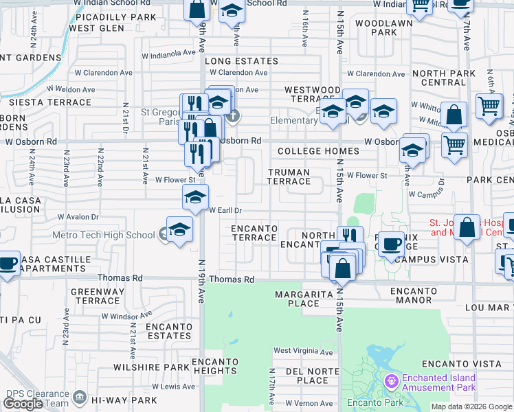 map of restaurants, bars, coffee shops, grocery stores, and more near 1718 West Earll Drive in Phoenix