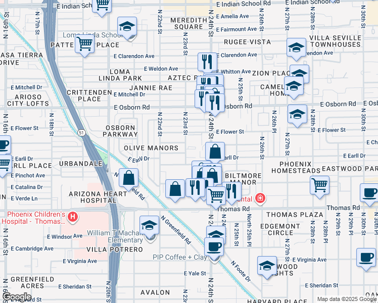 map of restaurants, bars, coffee shops, grocery stores, and more near 3121 North 23rd Street in Phoenix