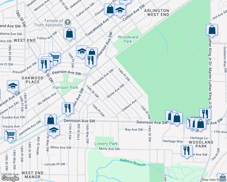 map of restaurants, bars, coffee shops, grocery stores, and more near 1156 15th Place Southwest in Birmingham
