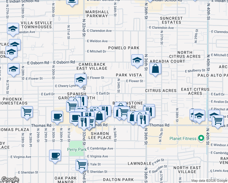 map of restaurants, bars, coffee shops, grocery stores, and more near 3336 East Earll Drive in Phoenix