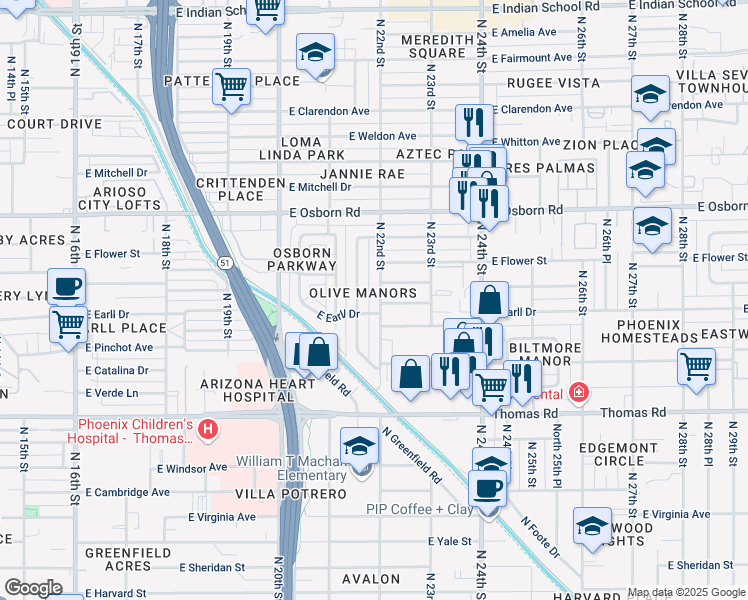 map of restaurants, bars, coffee shops, grocery stores, and more near 3110 North 22nd Street in Phoenix