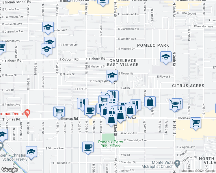 map of restaurants, bars, coffee shops, grocery stores, and more near 3128 East Earll Drive in Phoenix
