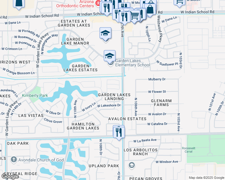 map of restaurants, bars, coffee shops, grocery stores, and more near 10737 West Flower Street in Avondale