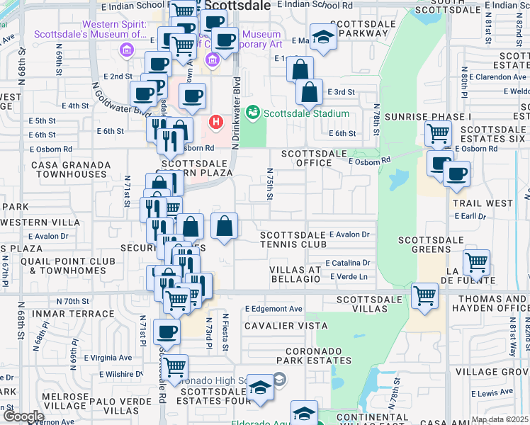 map of restaurants, bars, coffee shops, grocery stores, and more near 7508 East Earll Drive in Scottsdale