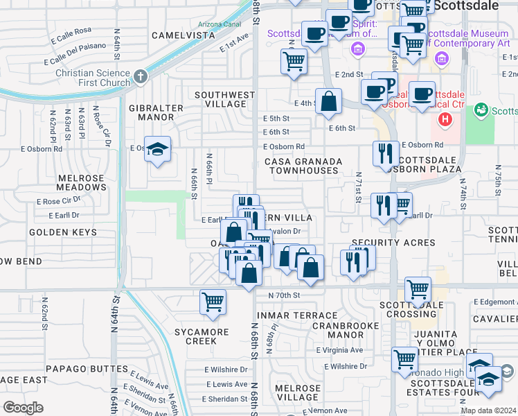 map of restaurants, bars, coffee shops, grocery stores, and more near 6801 East Cheery Lynn Road in Scottsdale