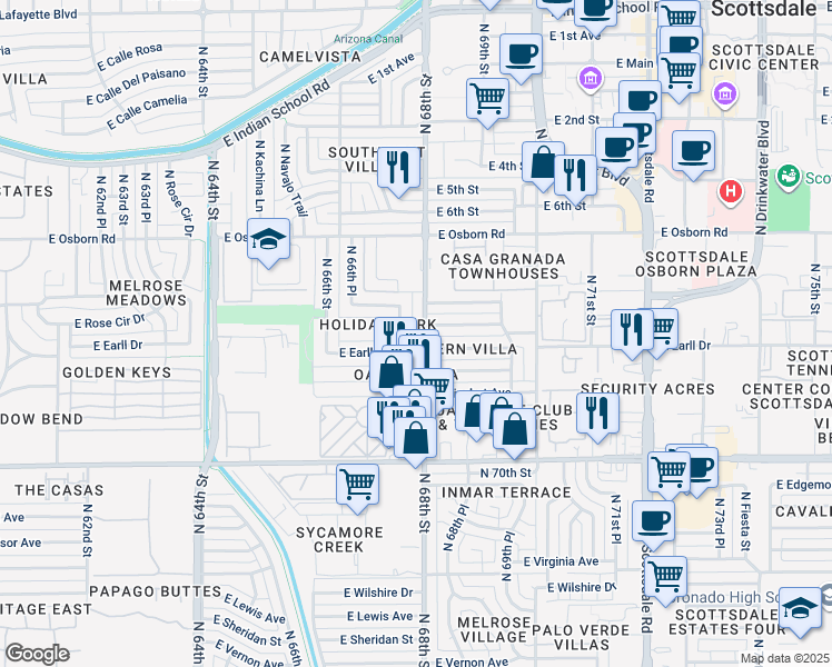 map of restaurants, bars, coffee shops, grocery stores, and more near 6801 East Cheery Lynn Road in Scottsdale