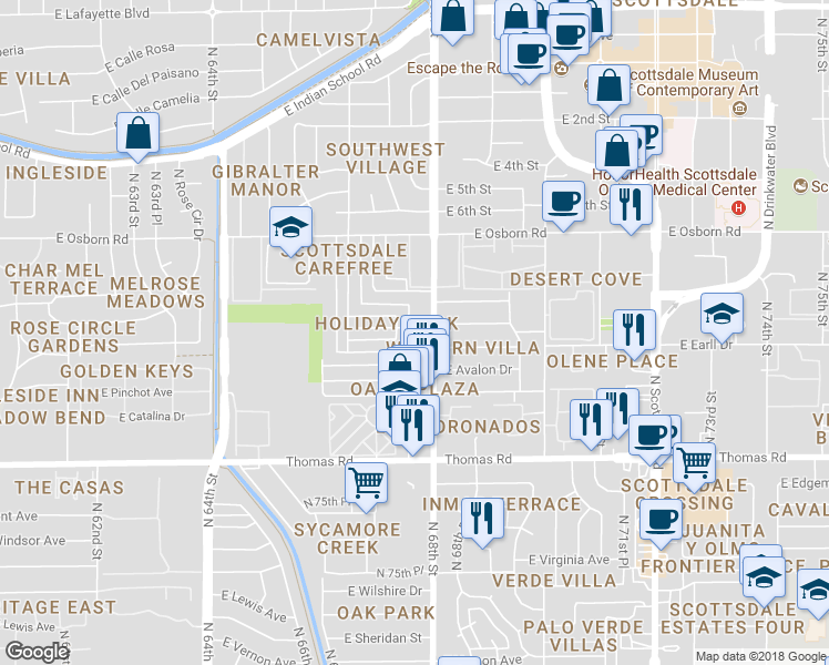 map of restaurants, bars, coffee shops, grocery stores, and more near 3132 North 67th Place in Scottsdale