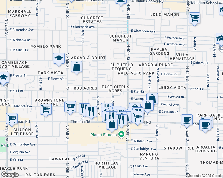 map of restaurants, bars, coffee shops, grocery stores, and more near 3107 North 39th Street in Phoenix