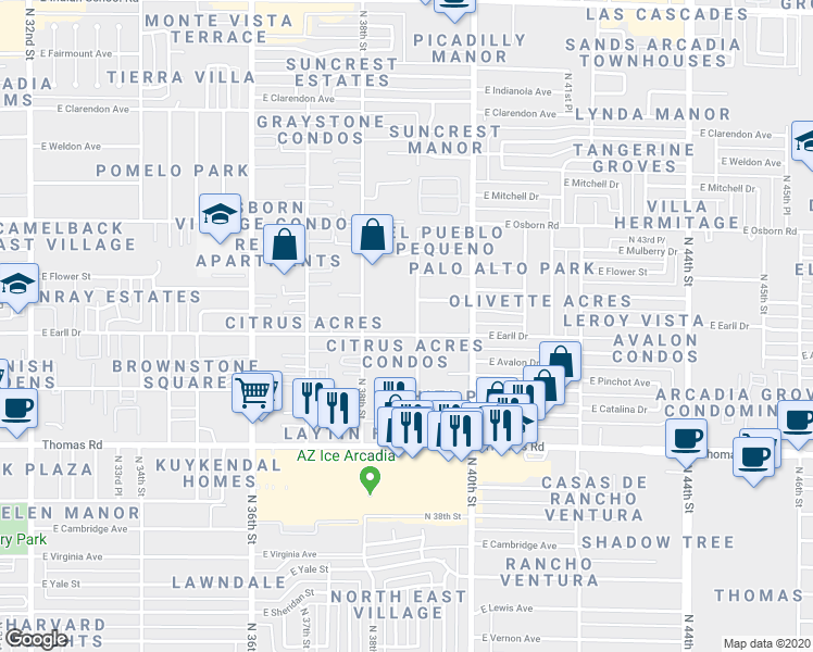 map of restaurants, bars, coffee shops, grocery stores, and more near 3107 North 39th Street in Phoenix