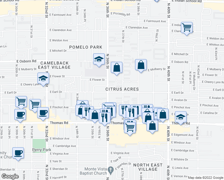 map of restaurants, bars, coffee shops, grocery stores, and more near 3101 North 36th Street in Phoenix
