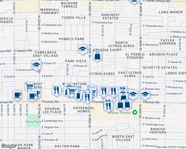 map of restaurants, bars, coffee shops, grocery stores, and more near 3101 North 36th Street in Phoenix
