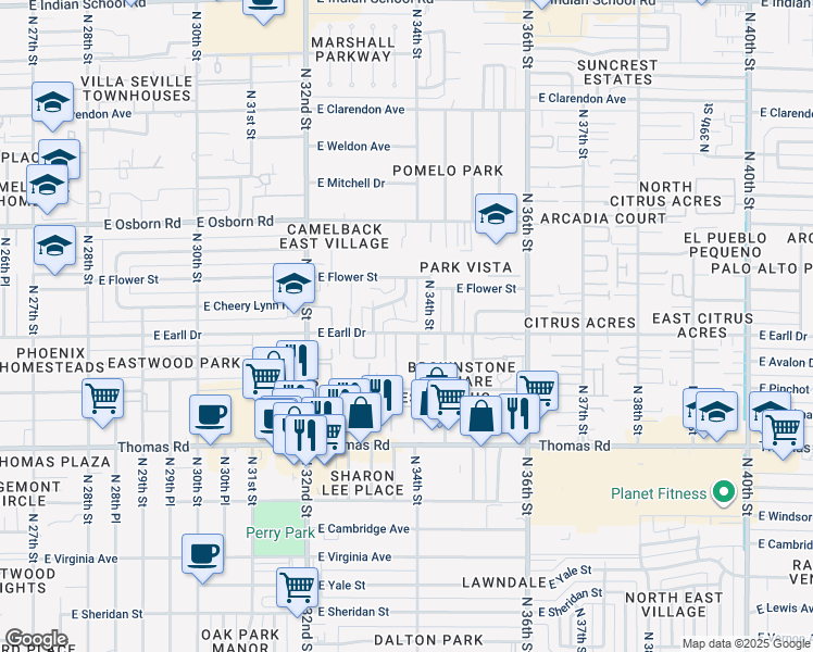 map of restaurants, bars, coffee shops, grocery stores, and more near 3336 East Earll Drive in Phoenix