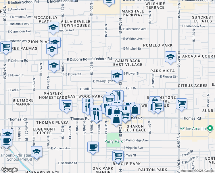 map of restaurants, bars, coffee shops, grocery stores, and more near 3070 East Earll Drive in Phoenix