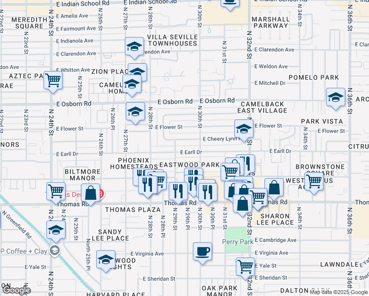 map of restaurants, bars, coffee shops, grocery stores, and more near 2916 East Earll Drive in Phoenix
