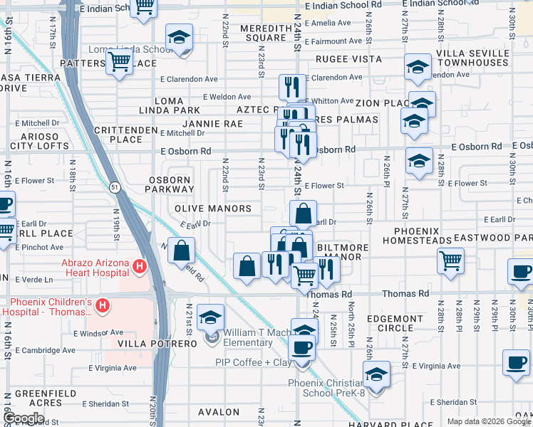 map of restaurants, bars, coffee shops, grocery stores, and more near 3121 North 23rd Street in Phoenix