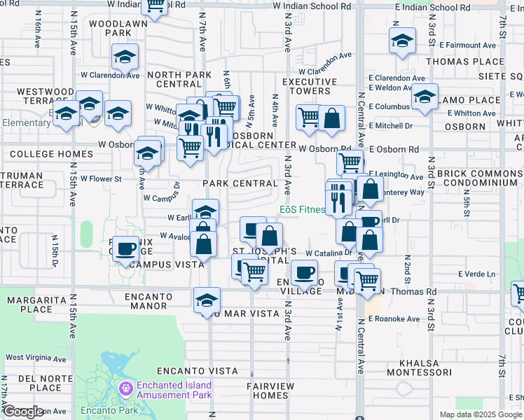 map of restaurants, bars, coffee shops, grocery stores, and more near 320 West Earll Drive in Phoenix