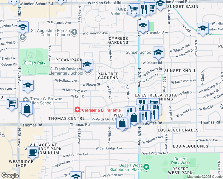 map of restaurants, bars, coffee shops, grocery stores, and more near 3120 North 67th Lane in Phoenix