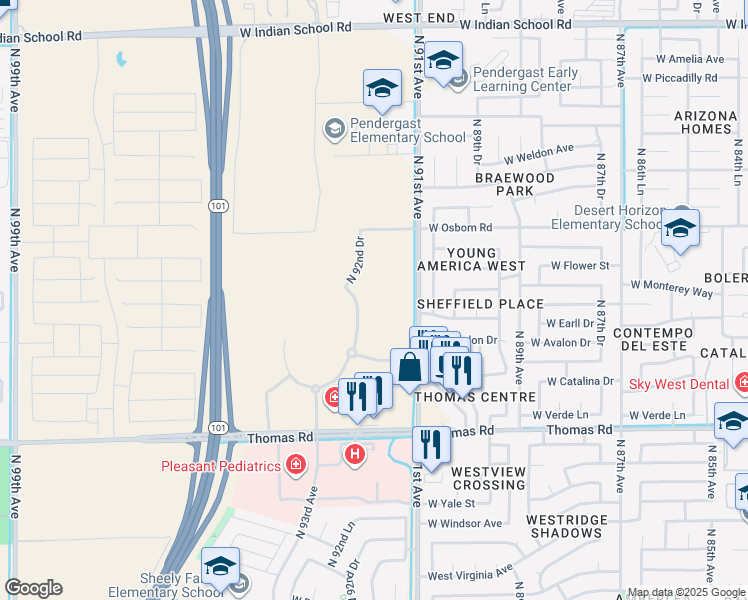 map of restaurants, bars, coffee shops, grocery stores, and more near 3223 North Algodon Way in Phoenix