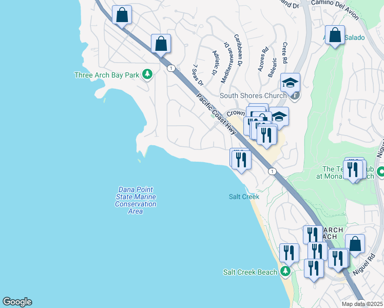 map of restaurants, bars, coffee shops, grocery stores, and more near 59 Monarch Bay Drive in Dana Point